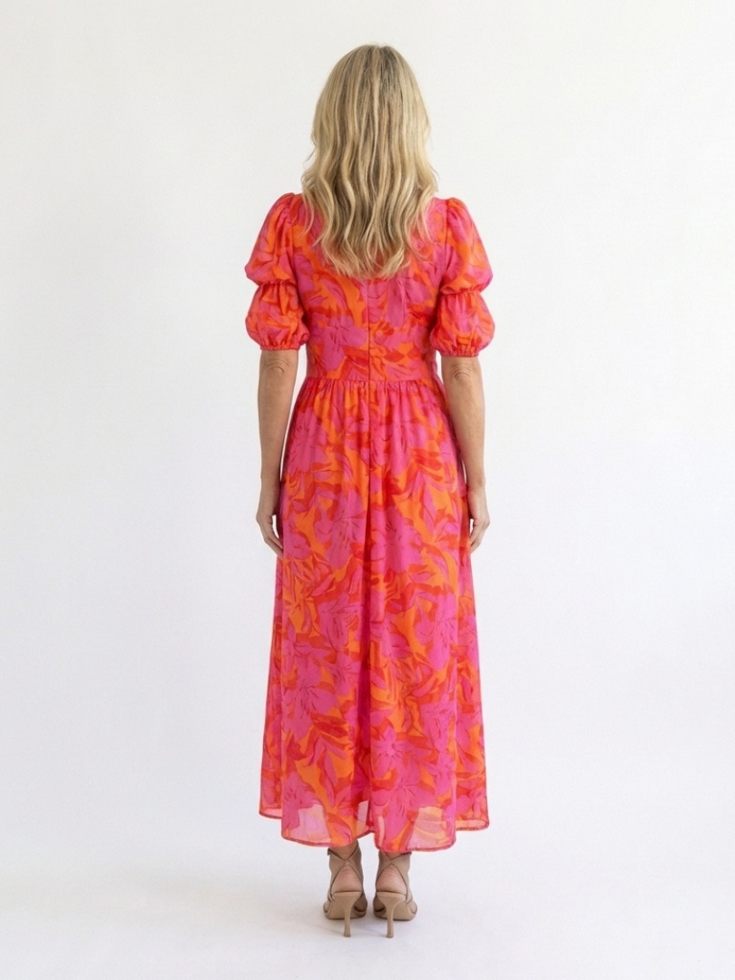 Chelsea | Floral V Neck Puff Sleeve Midi Dress
