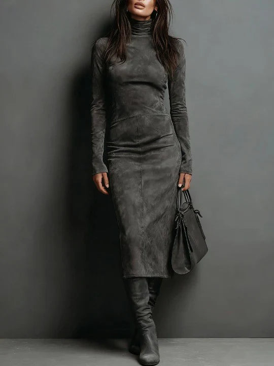 Kelly | High Neck Long Sleeve Suede Midi Dress