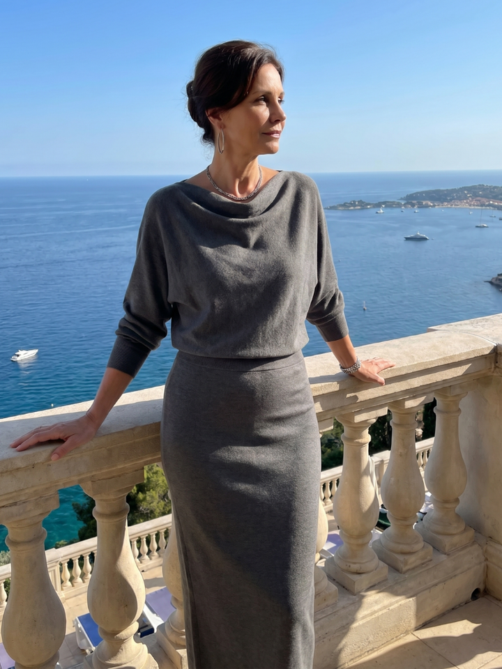 Ashley | Draped Neckline Fitted Skirt Midi Dress