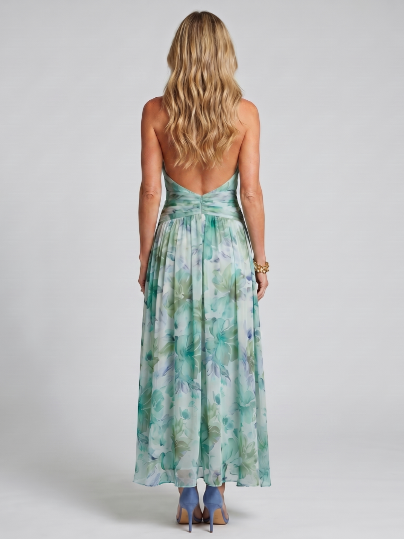 Sophie | Pleated Halter Soft Floral Pattern Midi Dress