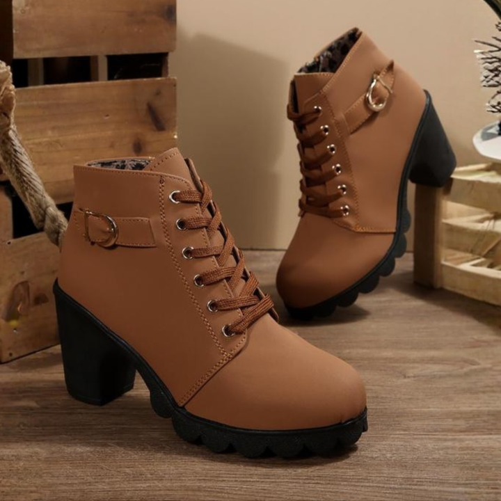 Cathy - Chic Lace-Up Metal Buckle Ankle Boots