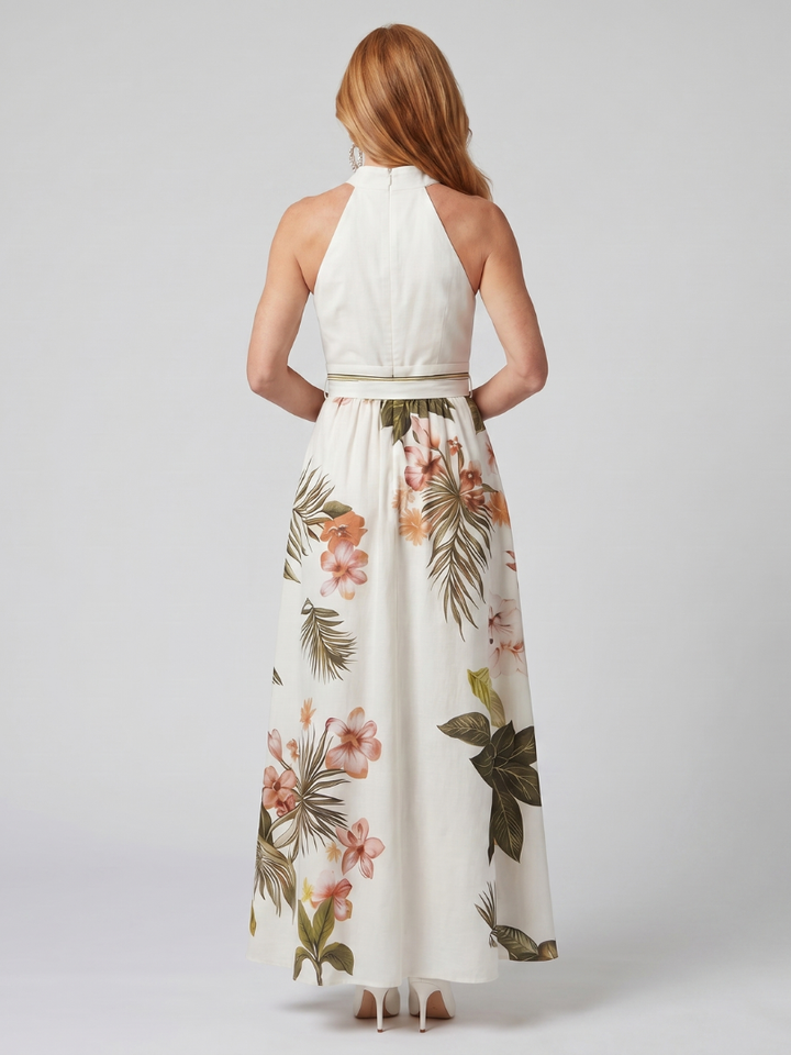 Nicole | Draped Halter Botanical Panel Maxi Dress