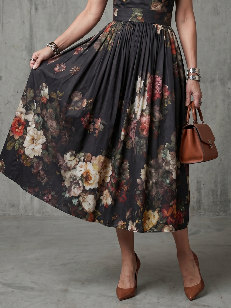 Sydney | High Neck Keyhole Floral Pleated Midi Dress
