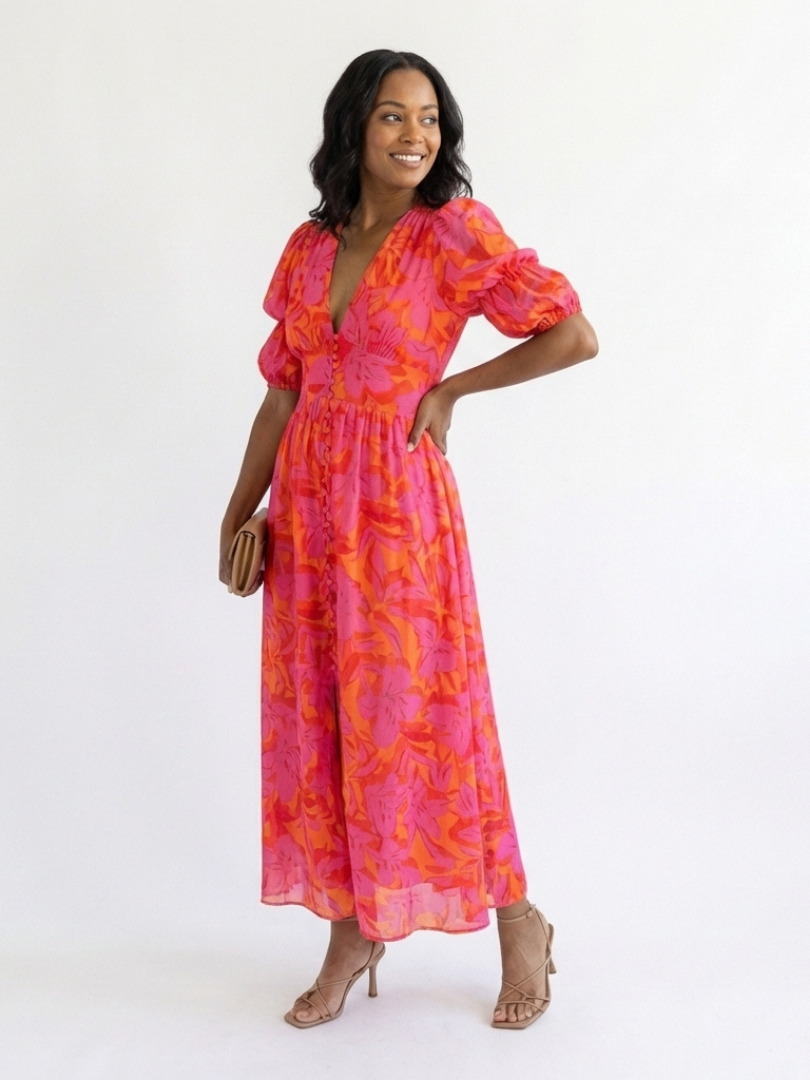 Chelsea | Floral V Neck Puff Sleeve Midi Dress
