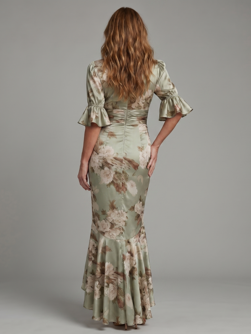 Caroline | Short Sleeve V Neck Ruched Waist Midi Dress