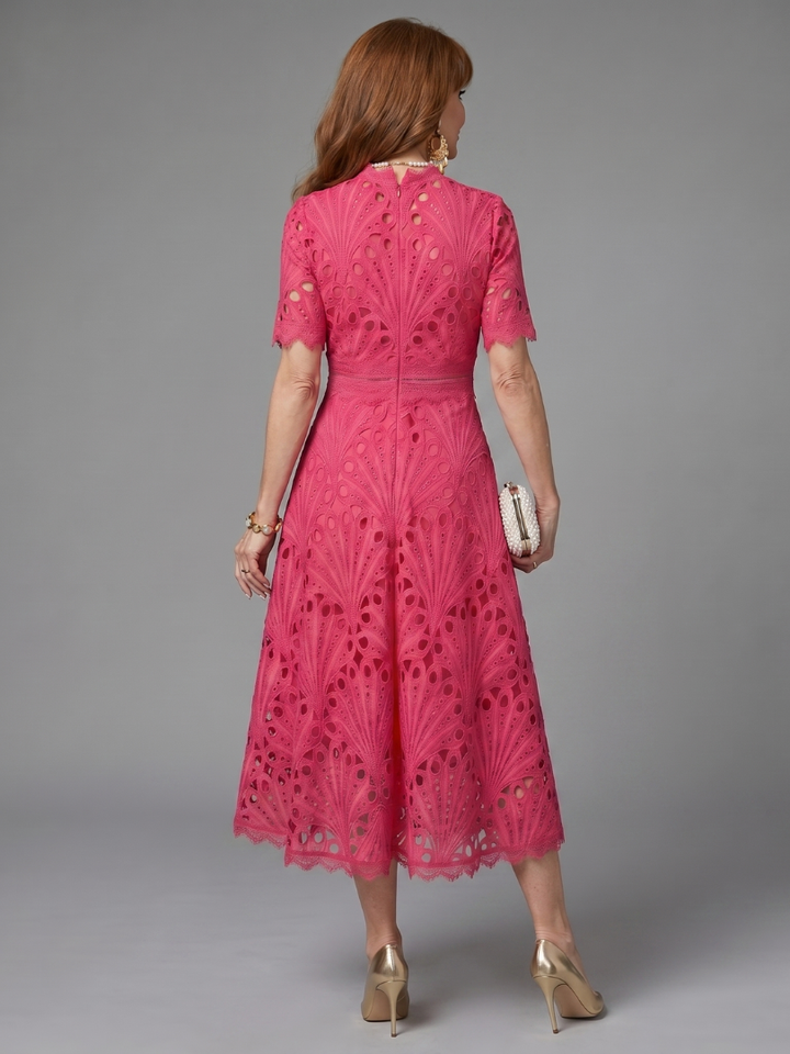Brooke | Short Sleeve Eyelet Lace Fitted Waist Midi Dress