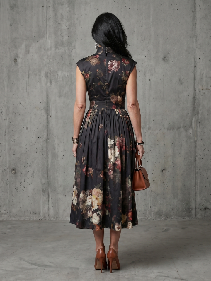 Sydney | High Neck Keyhole Floral Pleated Midi Dress