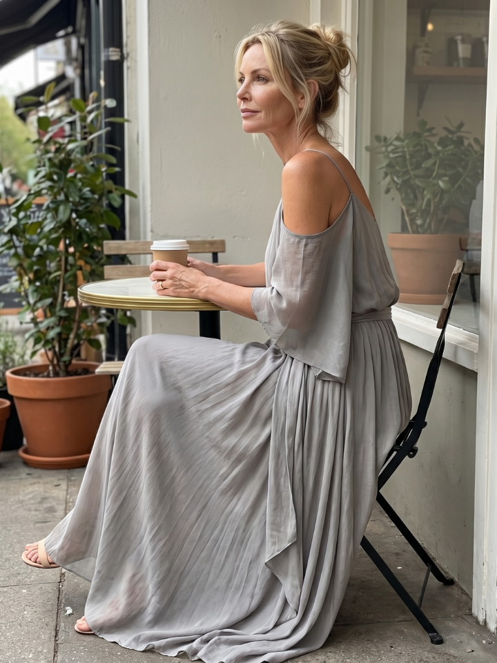 Rebecca | Layered Drape Cold Shoulder Top Wide Leg Set