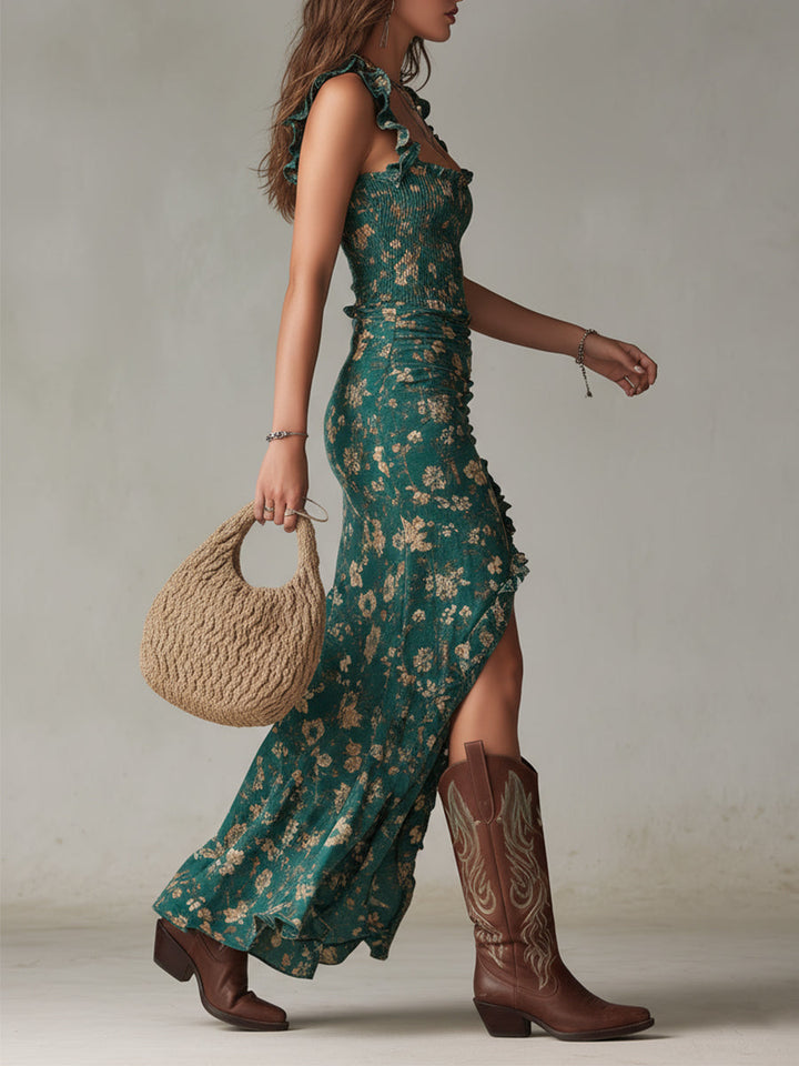 Marilyn | Boho Retro Ruffled Sleeve High Slit Maxi Dress