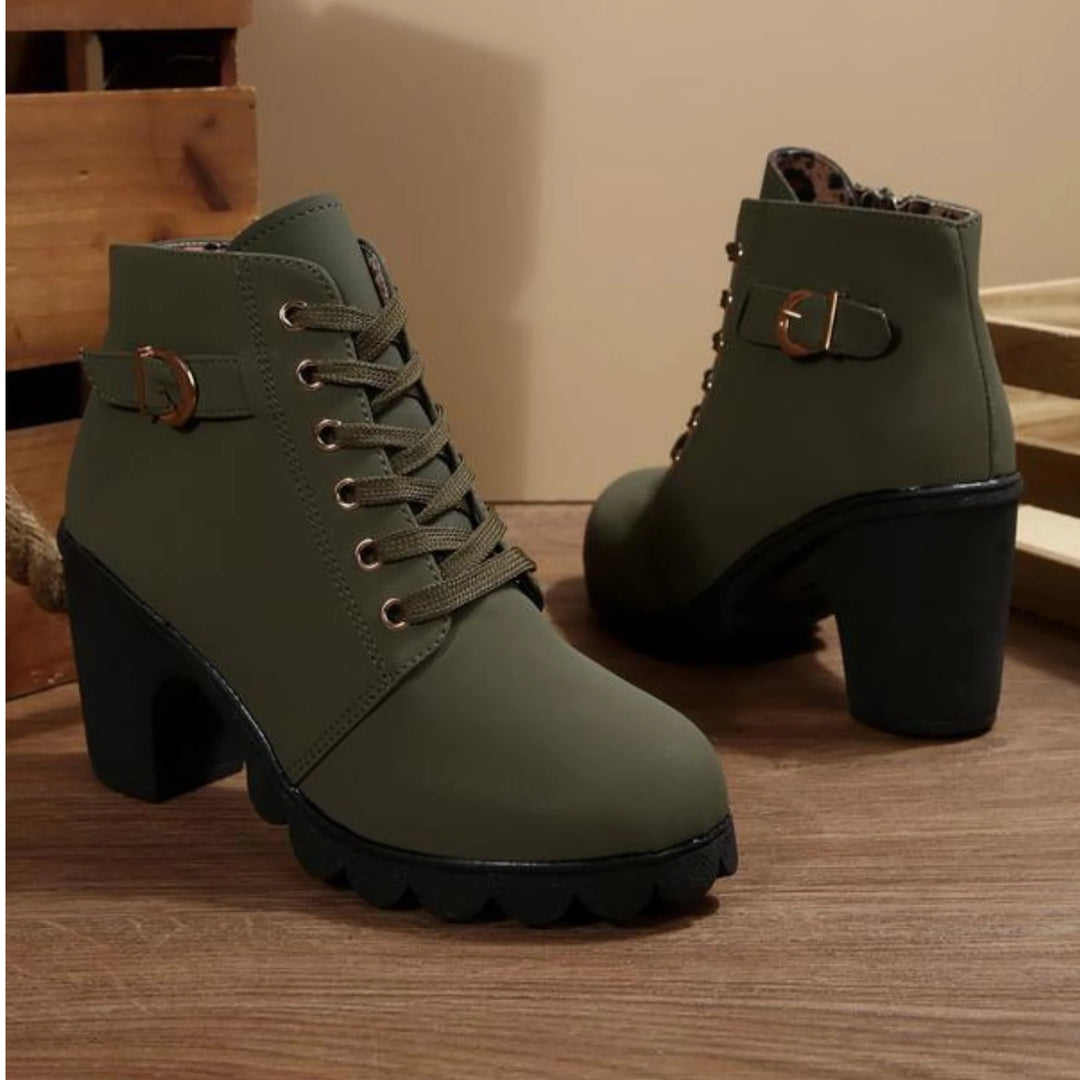 Cathy - Chic Lace-Up Metal Buckle Ankle Boots