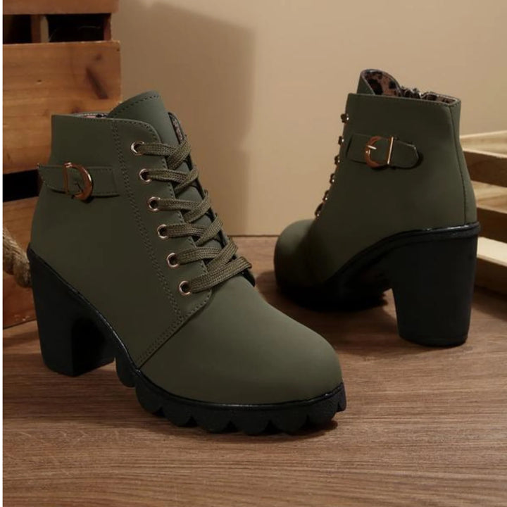 Cathy - Chic Lace-Up Metal Buckle Ankle Boots