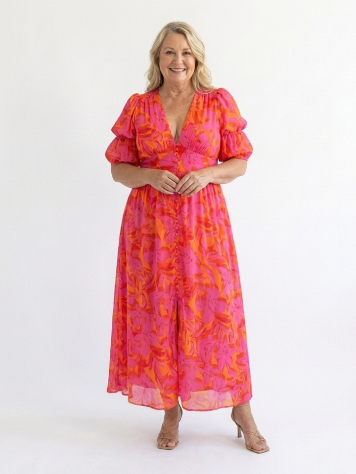 Chelsea | Floral V Neck Puff Sleeve Midi Dress