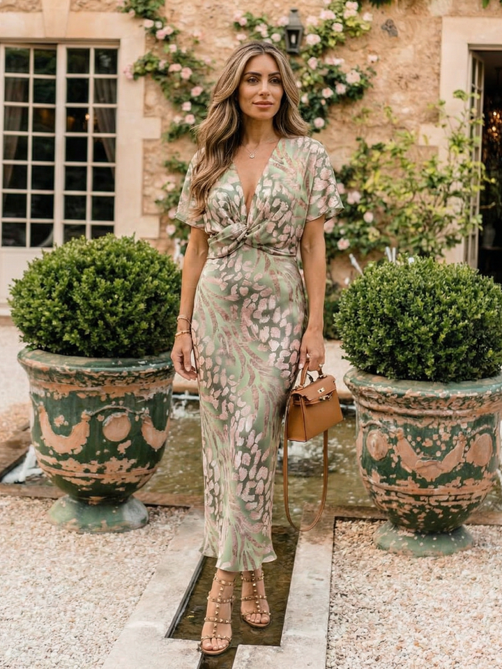 Emily | Abstract Print V Neck Twist Waist Midi Dress