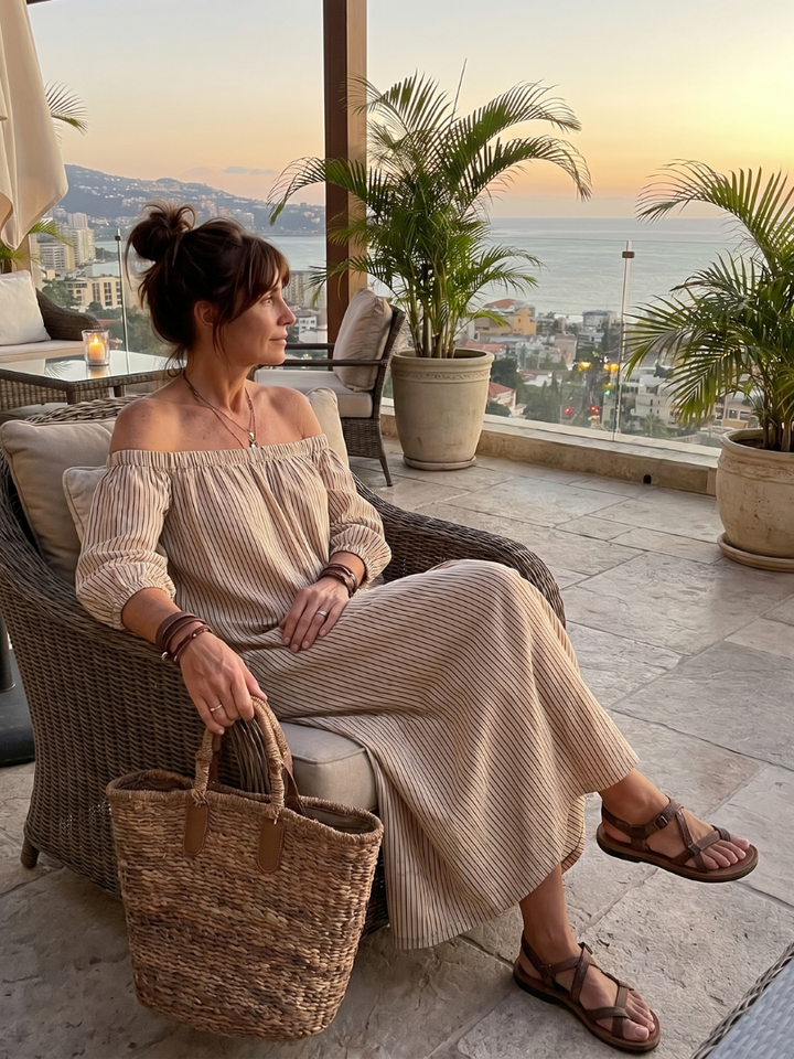 Ivy | Striped Pattern Off Shoulder Maxi Dress