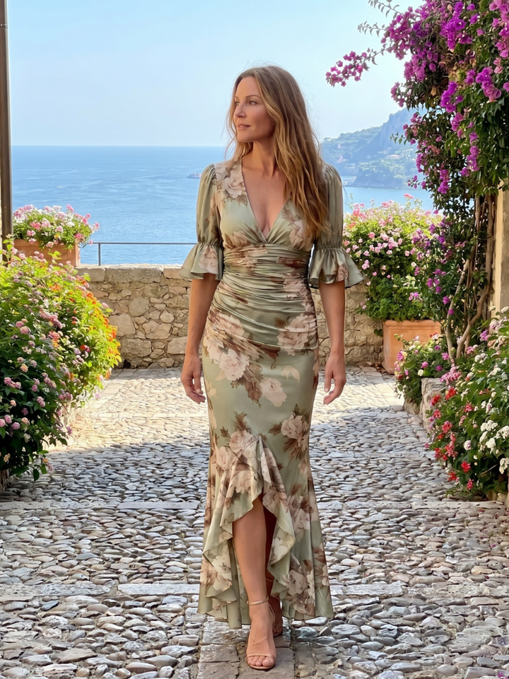 Caroline | Short Sleeve V Neck Ruched Waist Midi Dress