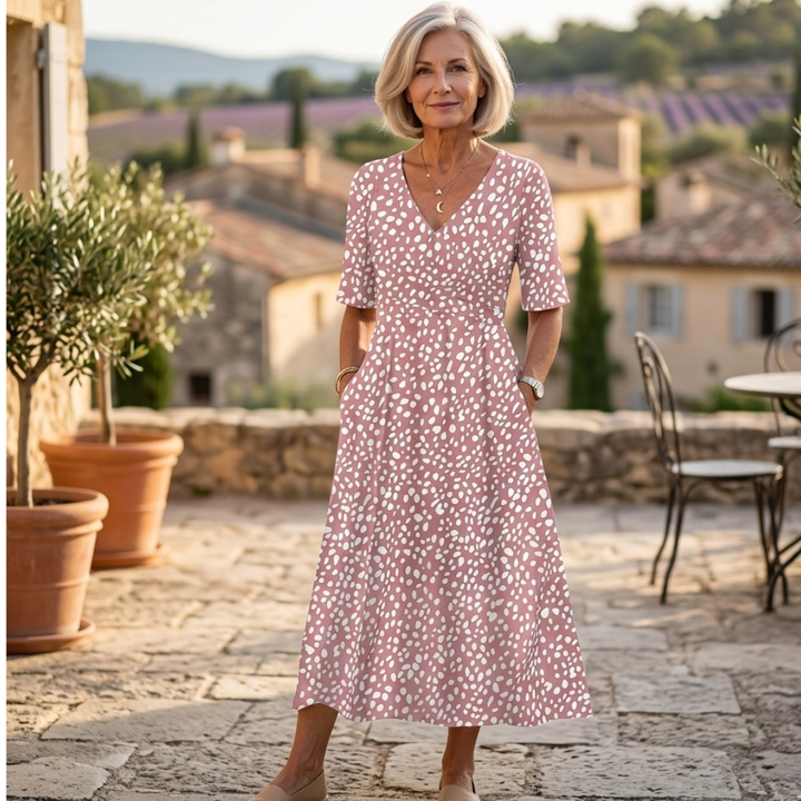 Emery | Flowy Polka Dot Midi Dress with Smoothing Effect
