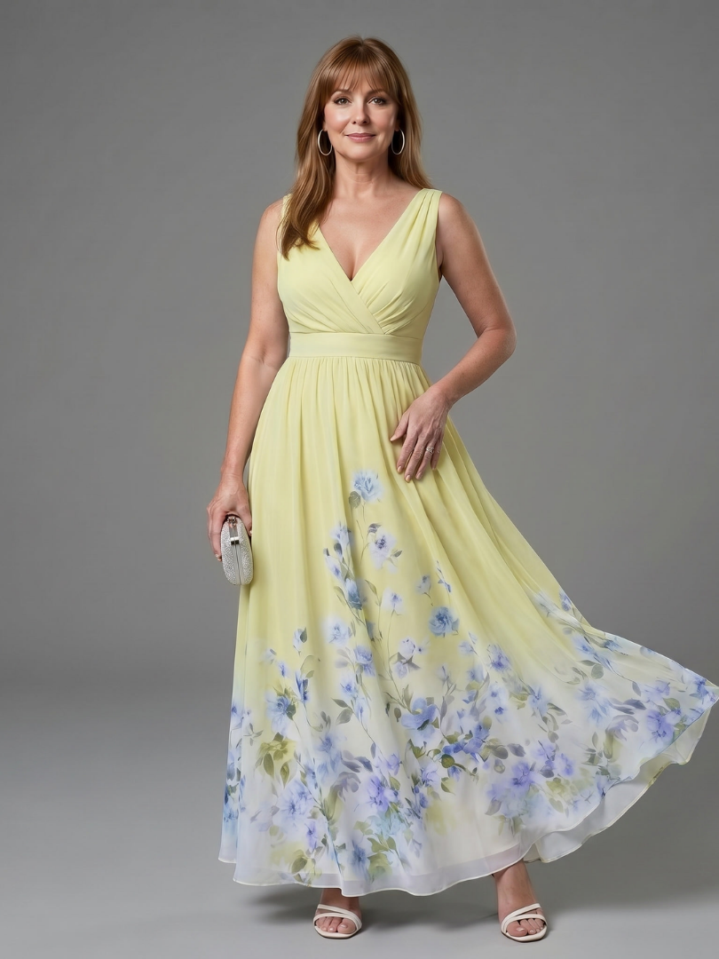 Taylor | Sleeveless V Neck Soft Floral Hem Midi Dress