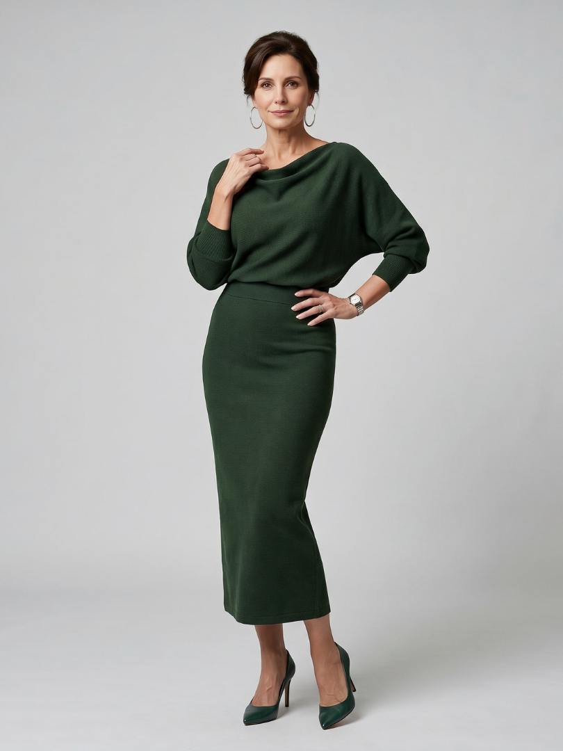 Ashley | Draped Neckline Fitted Skirt Midi Dress