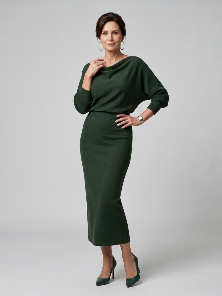 Ashley | Draped Neckline Fitted Skirt Midi Dress