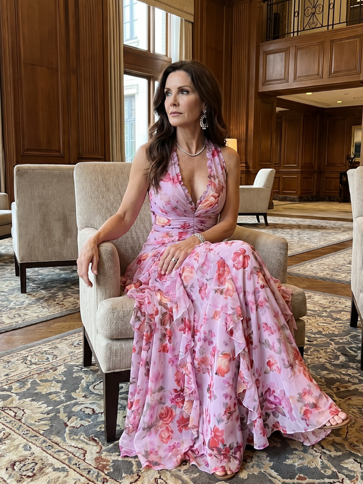Tessa | Halter Neck Ruched Bodice Floral Maxi Dress