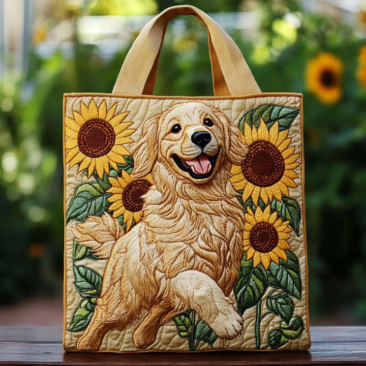 Cheerful Retriever Sunflowers | Quilted Tote Bag