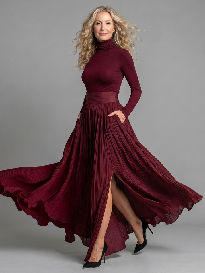 Sadie | Long Sleeve Turtleneck Defined Waist Midi Dress