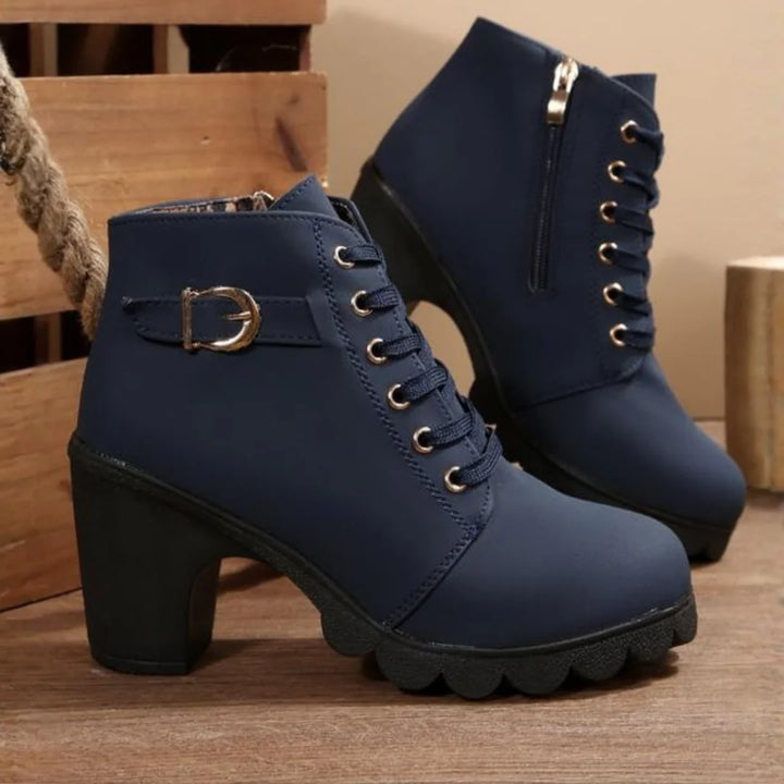 Cathy - Chic Lace-Up Metal Buckle Ankle Boots