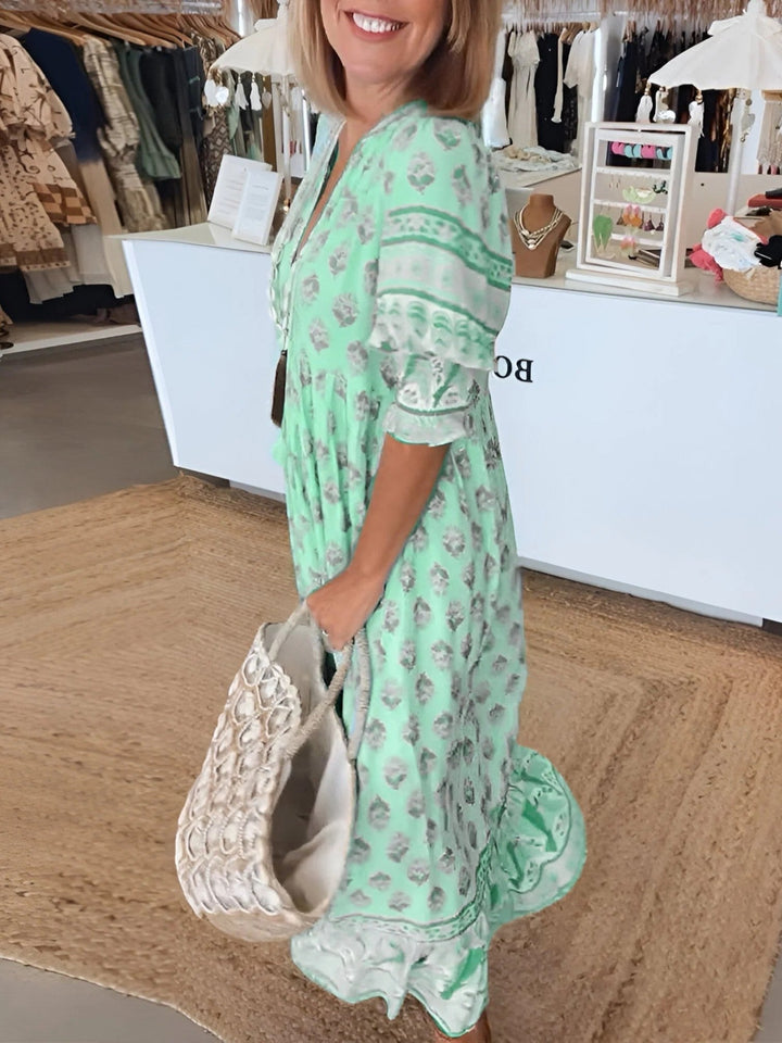 Boho Summer Maxi Dress with V-neck