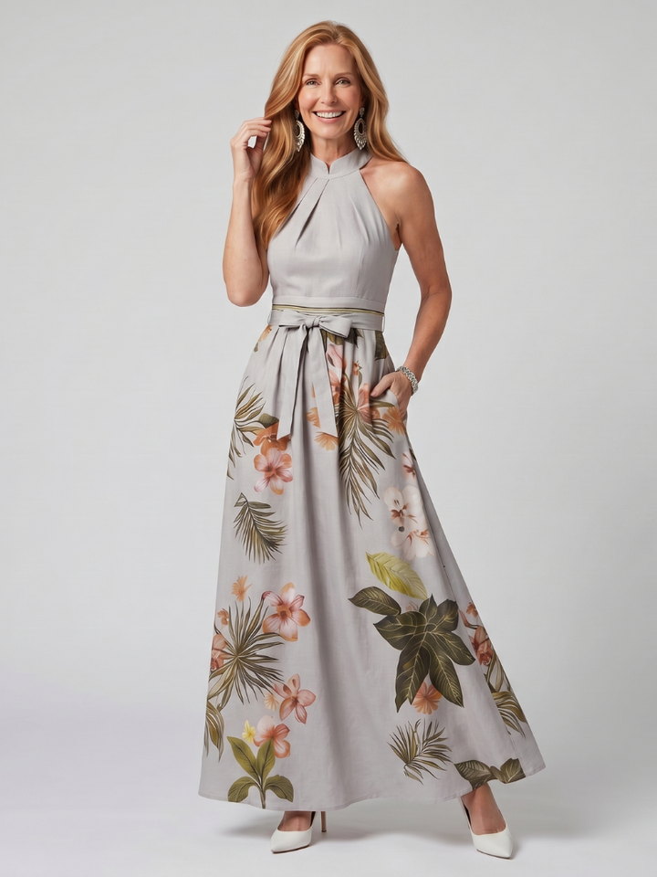 Nicole | Draped Halter Botanical Panel Maxi Dress