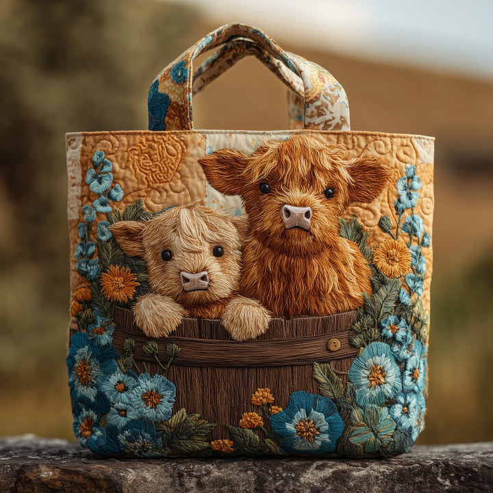 Adorable Highland Cow Floral | Quilted Tote Bag