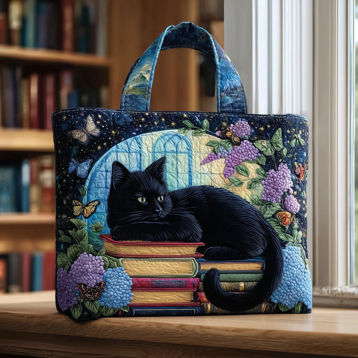 Cat on Books Floral Butterflies | Quilted Tote Bag