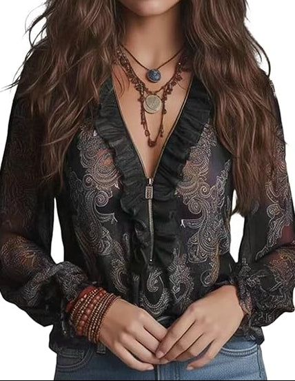 Elise | Baroque Paisley Ruffle Zip Chiffon Blouse