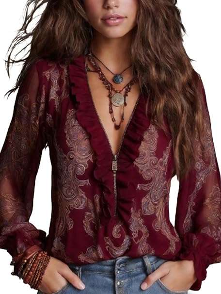 Elise | Baroque Paisley Ruffle Zip Chiffon Blouse