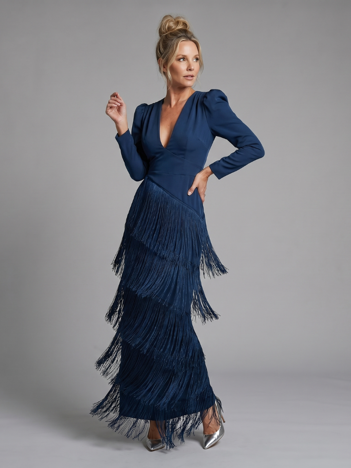 Kylie | Long Sleeve Soft Fringe Skirt Midi Dress