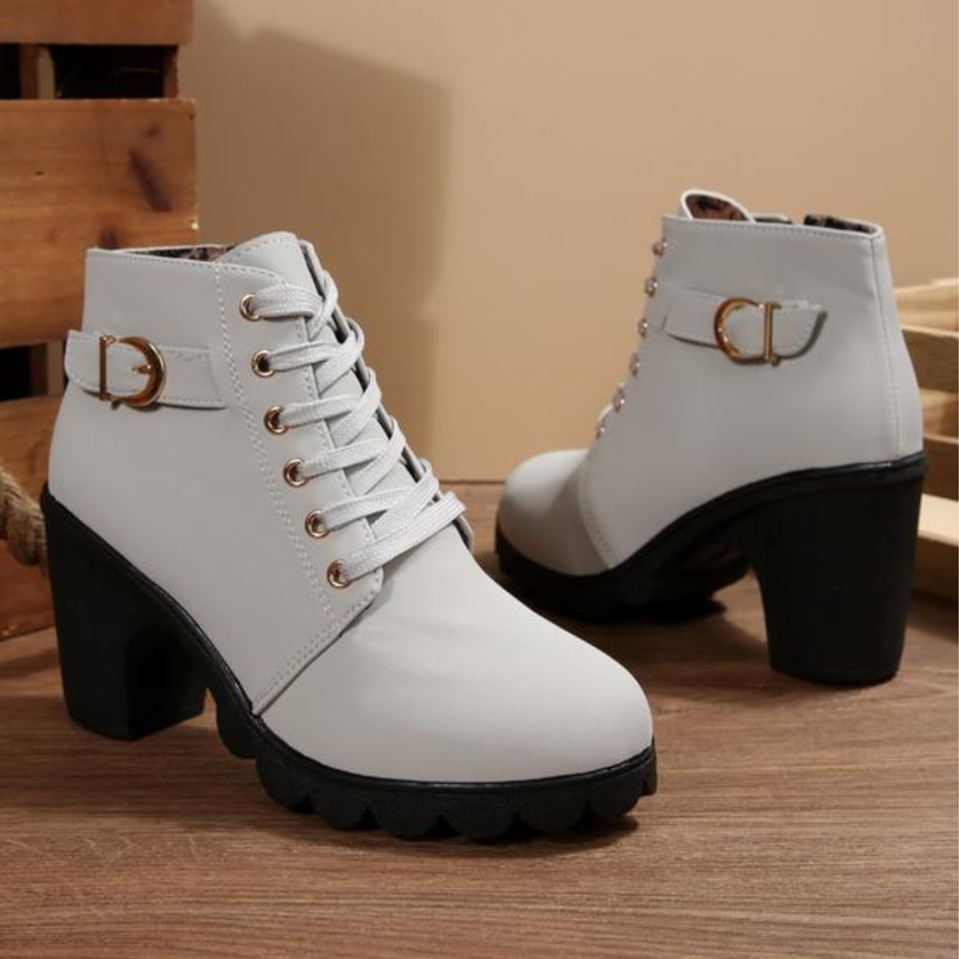 Cathy - Chic Lace-Up Metal Buckle Ankle Boots