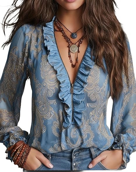 Elise | Baroque Paisley Ruffle Zip Chiffon Blouse