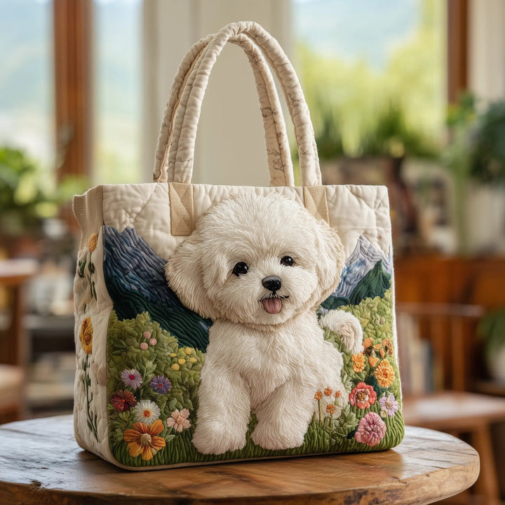 Charming Pup in Nature Scene | Quilted Tote Bag