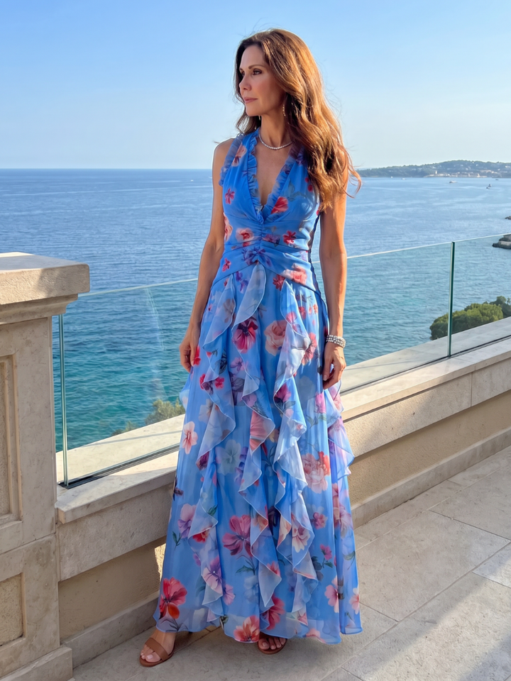 Tessa | Halter Neck Ruched Bodice Floral Maxi Dress
