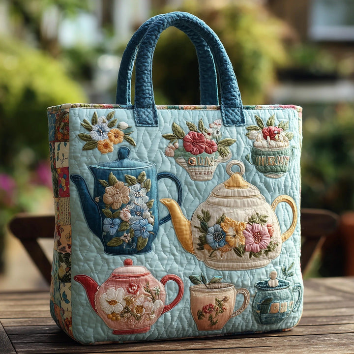Vintage Teapot Cup Pattern | Quilted Tote Bag