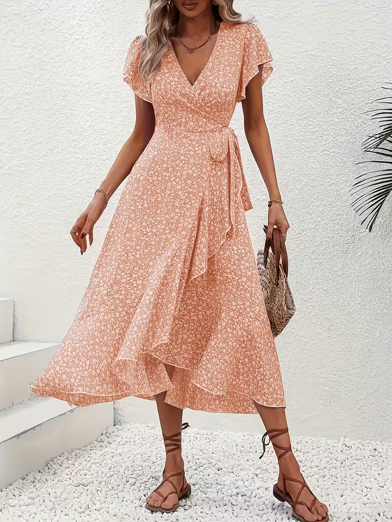 Skye | Floral Wrap Midi Dress with Ruffle Sleeves and Asymmetric Hem