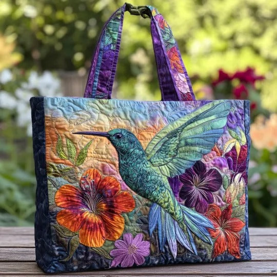 Hummingbird Tropical Blooms | Quilted Tote Bag
