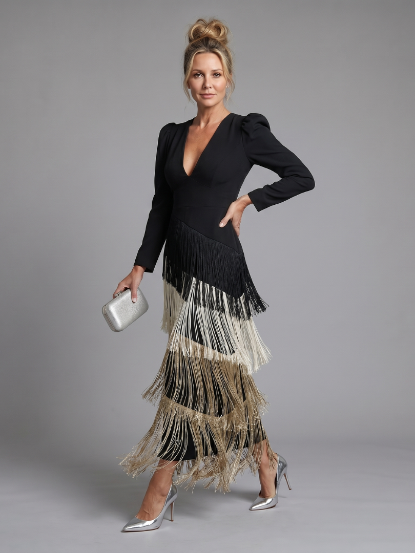 Kylie | Long Sleeve Soft Fringe Skirt Midi Dress