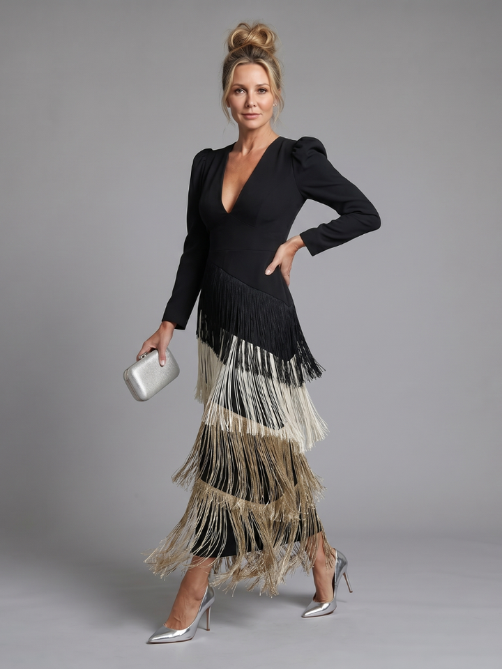 Kylie | Long Sleeve Soft Fringe Skirt Midi Dress
