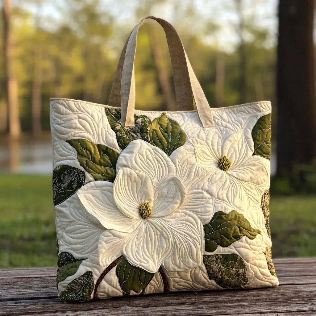 Artisanal Quilted Tote Bag | Elegant White Lilies