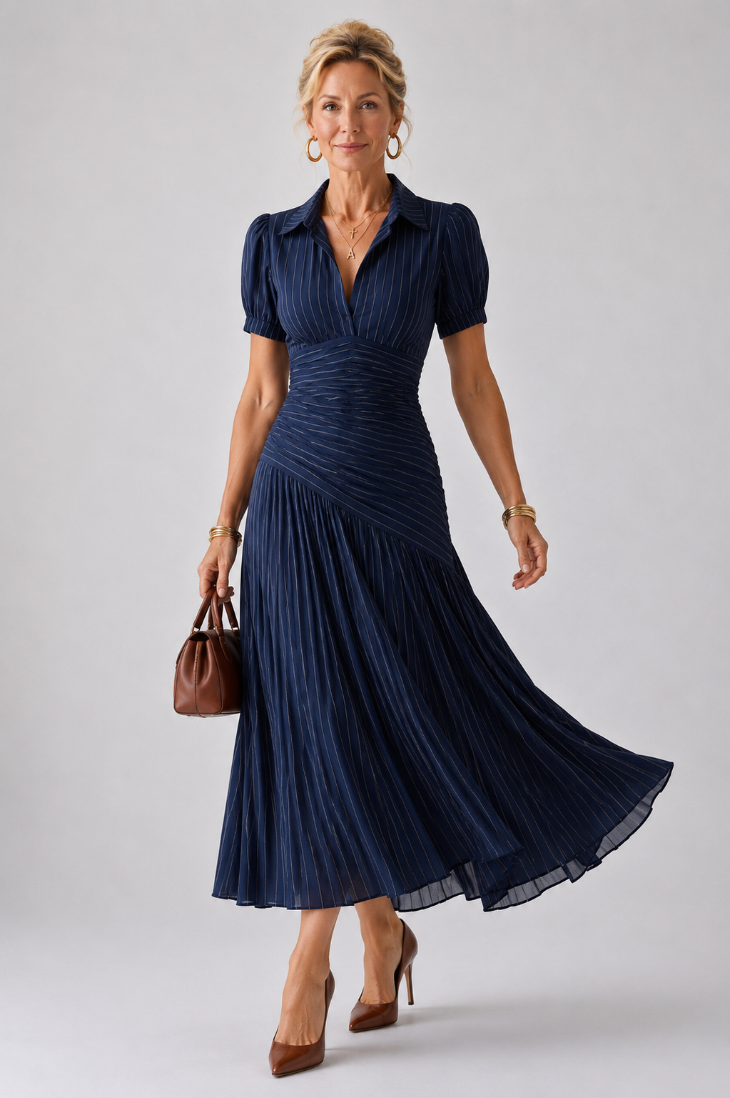 Kaitlyn | Pleated Waistline Stripe Midi Dress