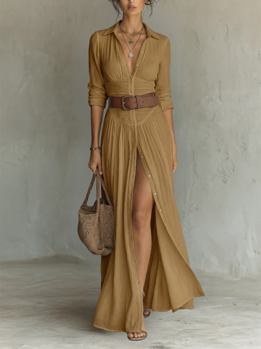 Claire | Flowy Long-Sleeve Lapel Maxi Dress