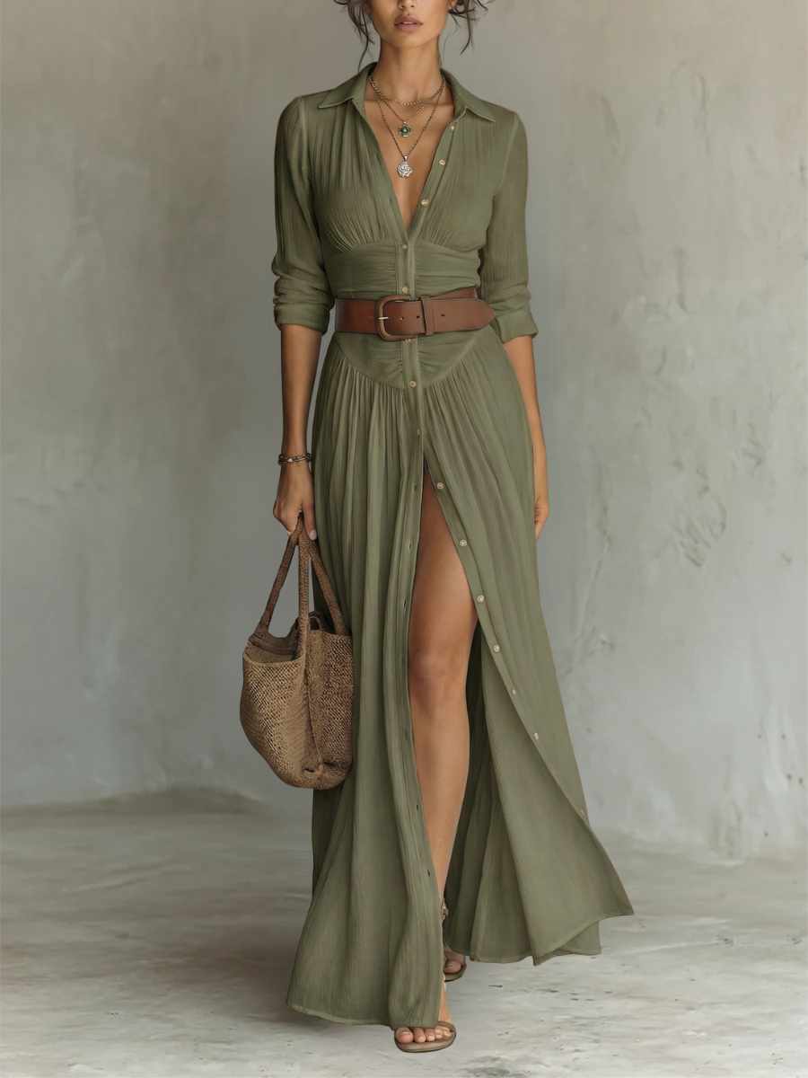 Claire | Flowy Long-Sleeve Lapel Maxi Dress
