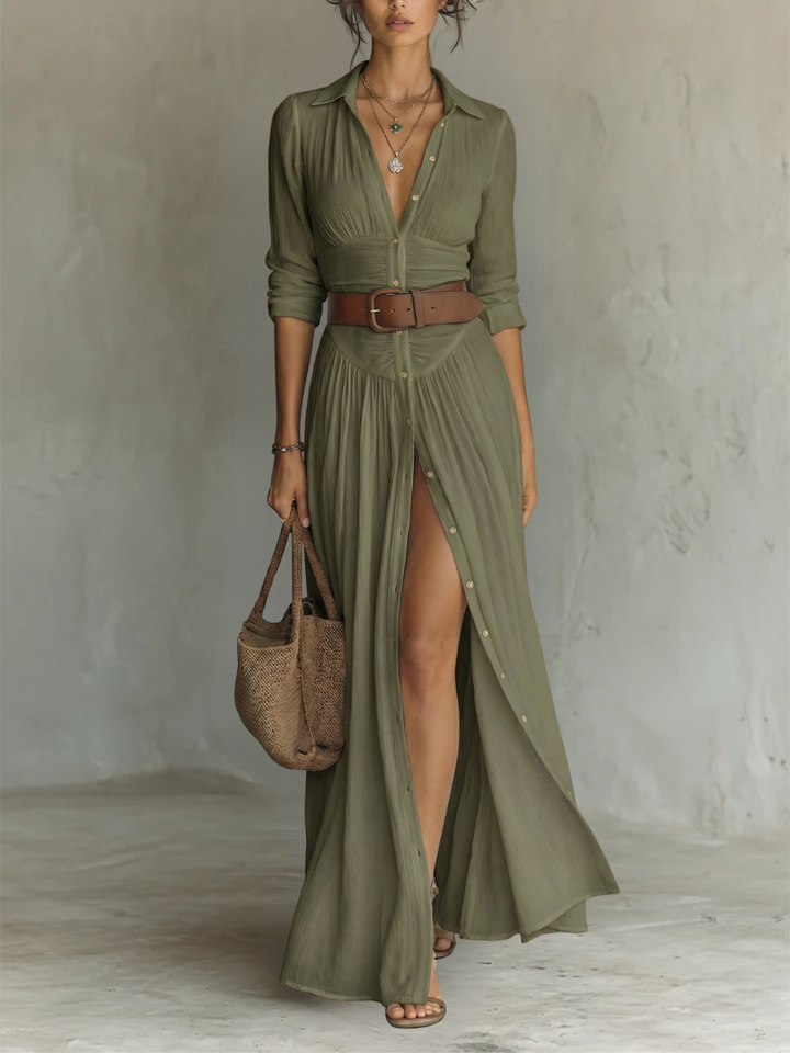 Claire | Flowy Long-Sleeve Lapel Maxi Dress