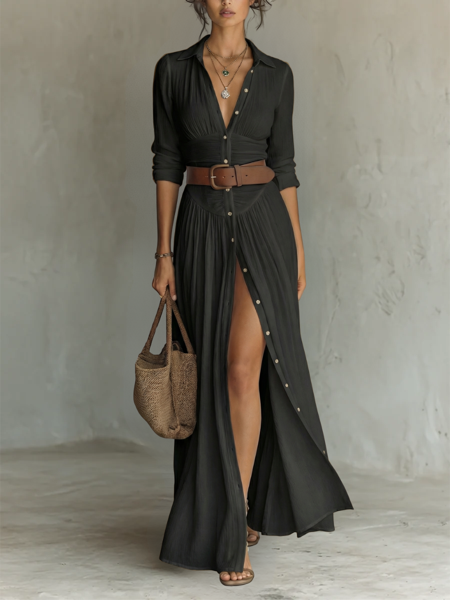 Claire | Flowy Long-Sleeve Lapel Maxi Dress