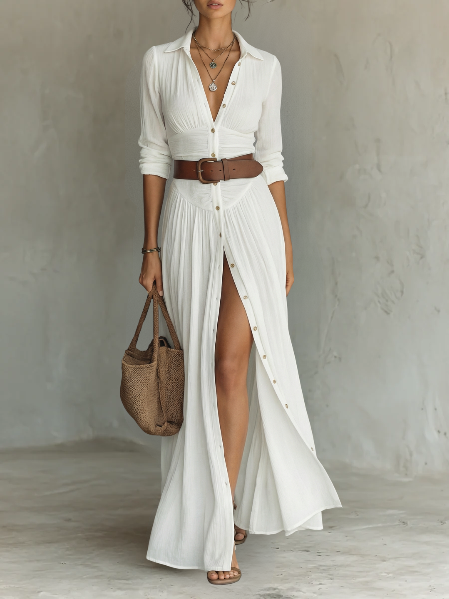 Claire | Flowy Long-Sleeve Lapel Maxi Dress